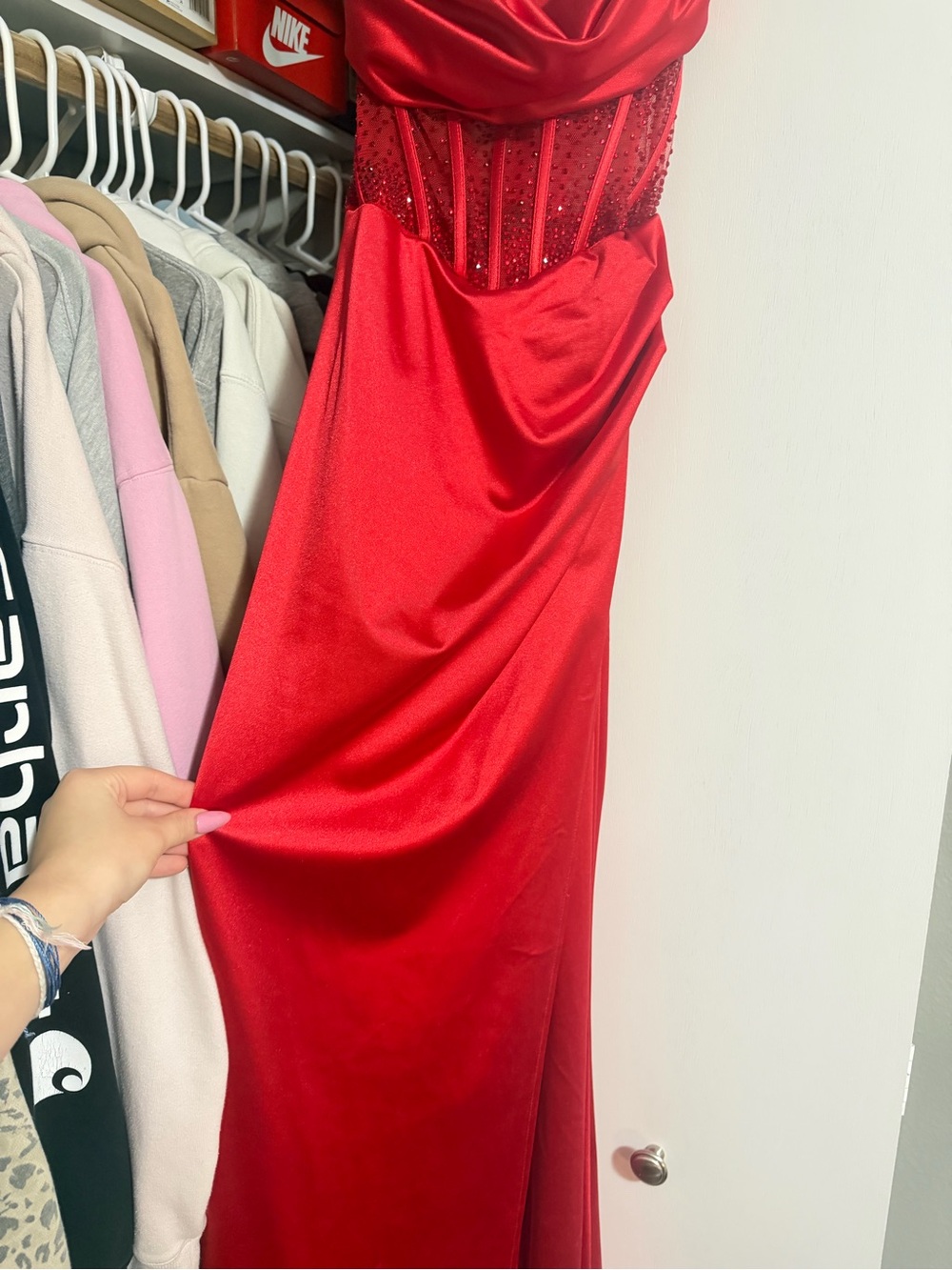 Red Beaded Satin Prom Dress - Women